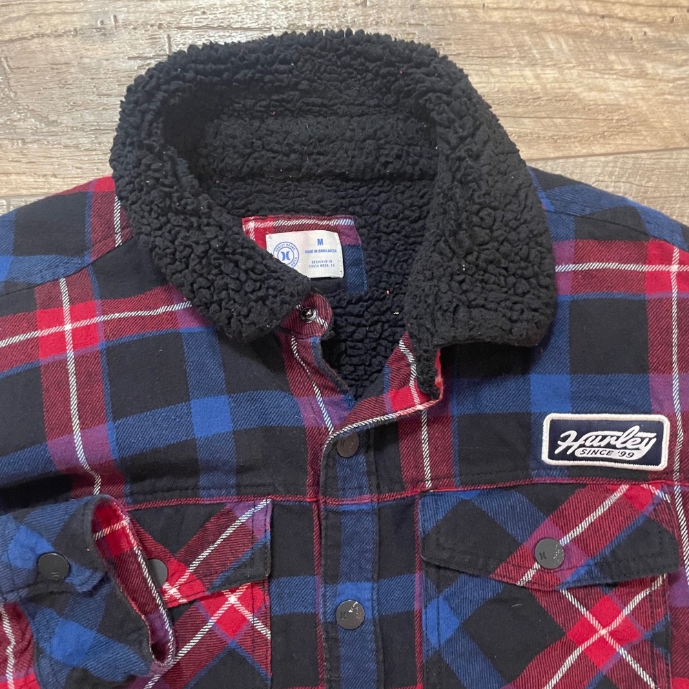 Hurley Men Sherpa Lined Plaid Flannel Shirt Jacket Red Blue Black HFA21SMJ-02880